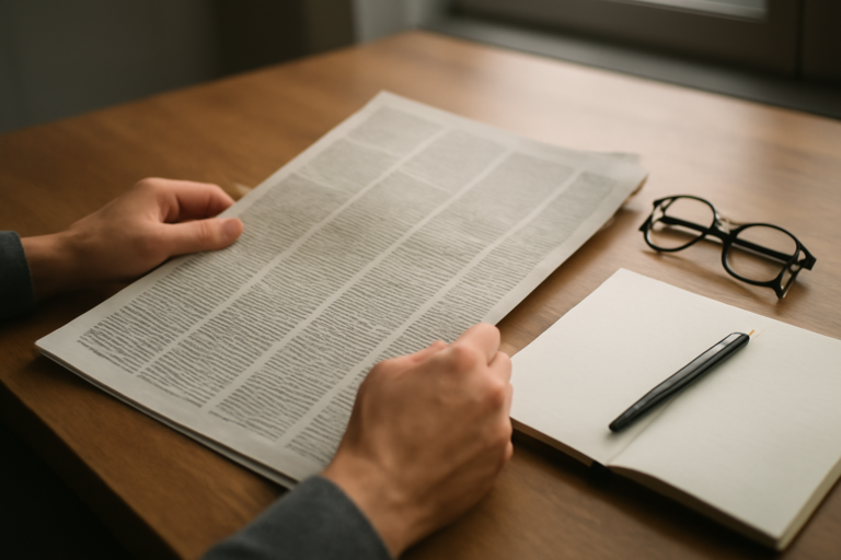 Seseorang membaca laporan investigasi panjang di koran cetak sambil mencatat di meja kayu